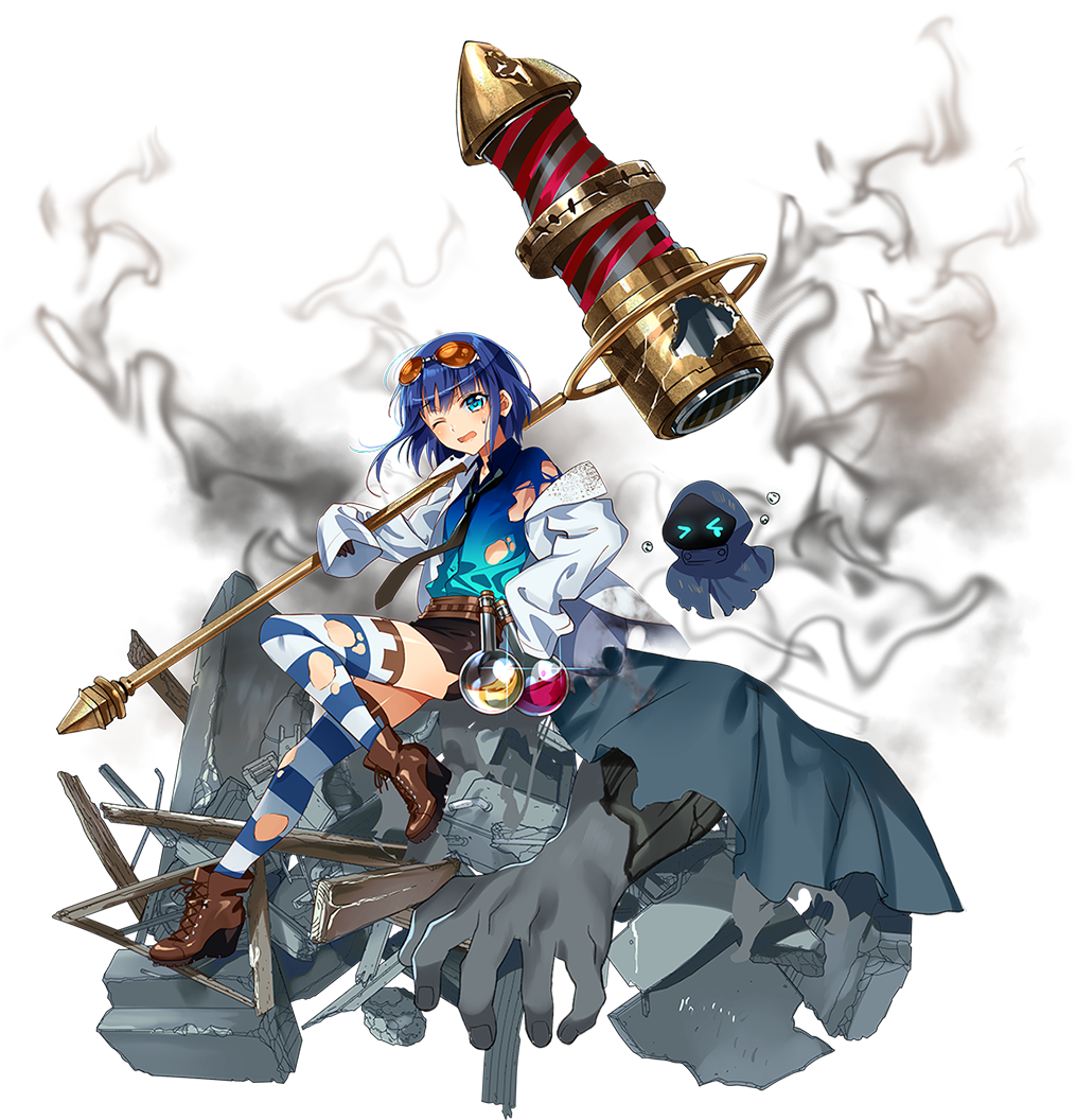 1girl, black_necktie, blue_eyes, blue_hair, blush, broken, broken_weapon, brown_footwear, building, cloak, colored_skin, electricity, eyewear_on_head, flask, frankenstein's_castle, full_body, glowing, glowing_eyes, grey_skin, hammer, k-suwabe, lab_coat, looking_at_viewer, monster, murakami_yuichi, muscular, nail_(hardware), necktie, official_art, one_eye_closed, oshiro_project:re, over_shoulder, potion, round-bottom_flask, shirt, shoes, size_difference, striped_clothes, striped_thighhighs, thighhighs, torn_clothes, torn_legwear, torn_shirt, transparent_background, weapon, zettai_ryouiki