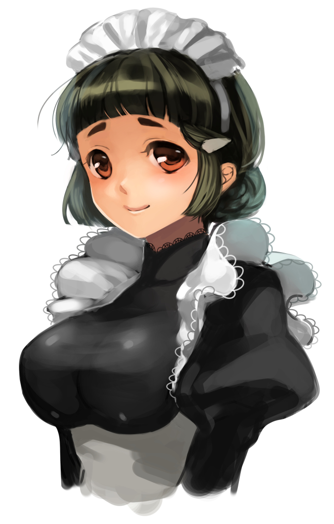 10s, 1girl, alternate_costume, apron, black_dress, breasts, brown_eyes, brown_hair