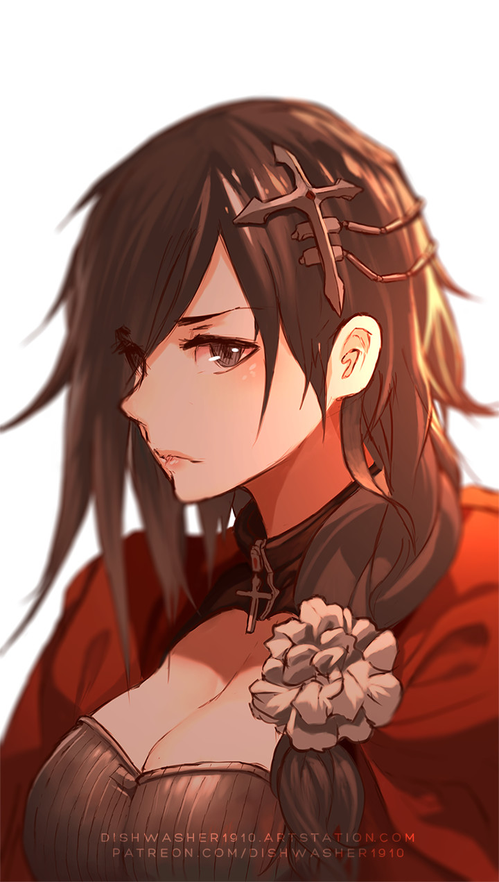 1girl, aged_up, artist_name, artstation_username, breasts, brown_eyes, brown_hair, cleavage, closed_mouth, commentary, cross, cross_hair_ornament, dishwasher1910, dress, female_focus, flower, frown, hair_ornament, highres, large_breasts, long_hair, looking_at_viewer, made_in_2017, patreon_username, red_dress, ruby_rose, rwby, simple_background, solo, upper_body, watermark, web_address, white_background