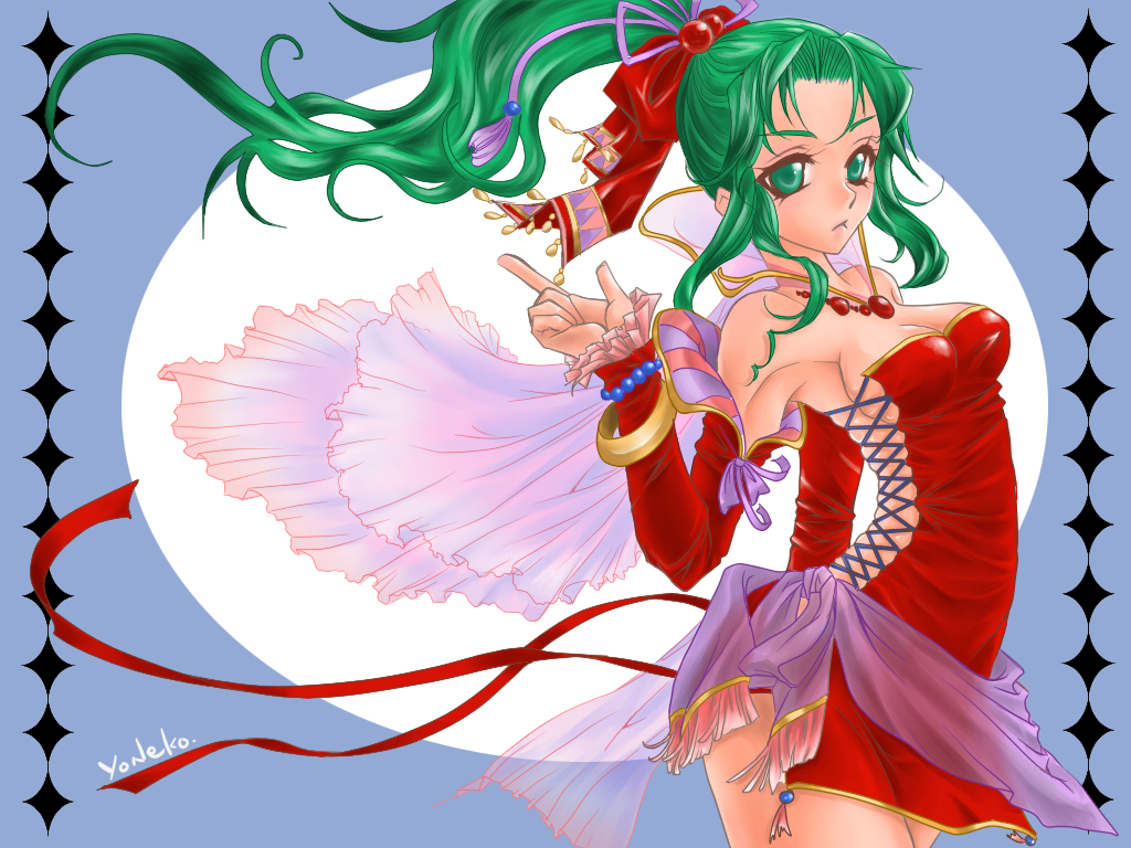 1990s_(style), 1girl, breasts, cleavage, female_focus, final_fantasy, final_fantasy_vi, green_eyes