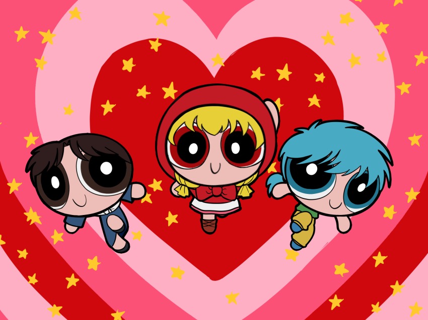 1990s_(style), 1d1ot, 3girls, akazukin_chacha, black_footwear, blonde_hair, blue_eyes, blue_footwear