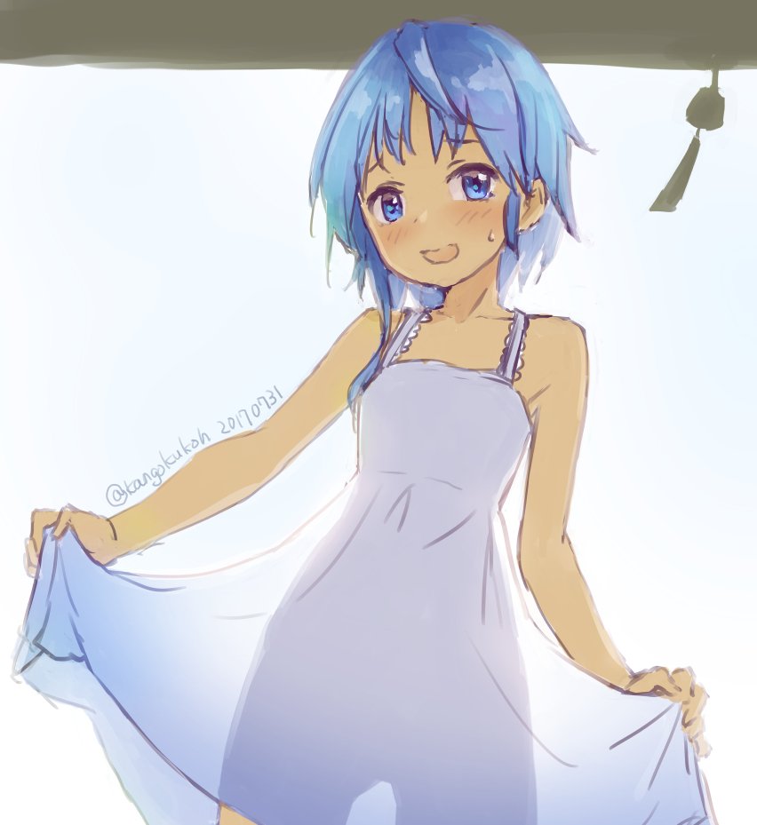 10s, 1girl, :d, alternate_costume, bare_arms, blue_eyes, blue_hair, blush