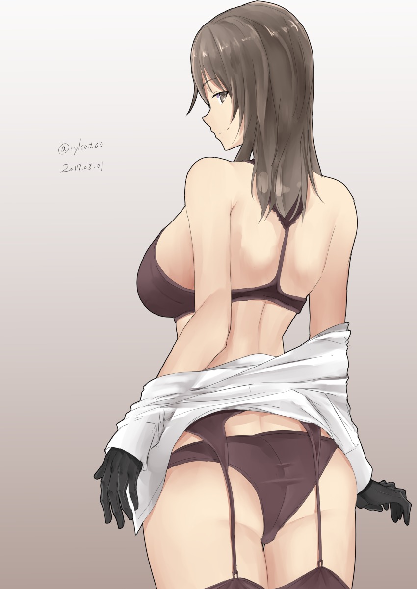 10s, 1girl, absurdres, ass, bare_shoulders, black_gloves, bra, breasts, brown_bra, brown_eyes, brown_hair, brown_panties, brown_thighhighs, dated, dress_shirt, female_focus, from_behind, garter_belt, garter_straps, girls_und_panzer, gloves, highres, irukatto, large_breasts, long_hair, looking_back, mature_female, panties, shimada_chiyo, shirt, smile, solo, thighhighs, twitter_username, underwear, undressing