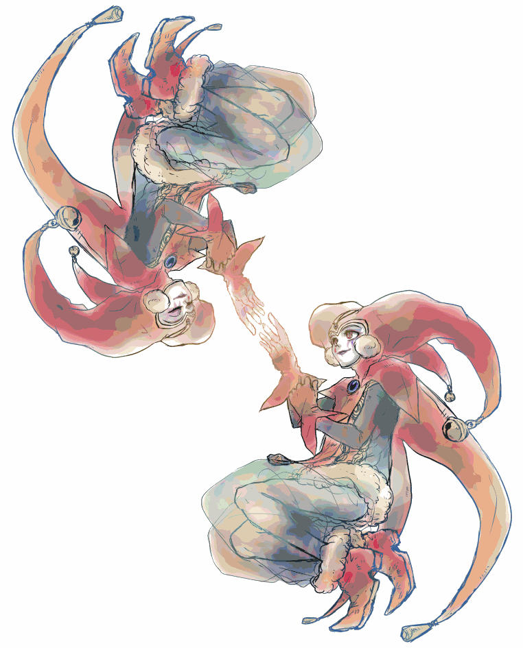 2girls, chrono_(series), chrono_cross, facepaint, facial_mark, fur-trimmed_pants, fur_trim, harle_(chrono_cross), harlequin, hat, ikunosake, jester_cap, multiple_girls, nama_sake, pants, see-through_clothes, see-through_pants, teardrop_facial_mark