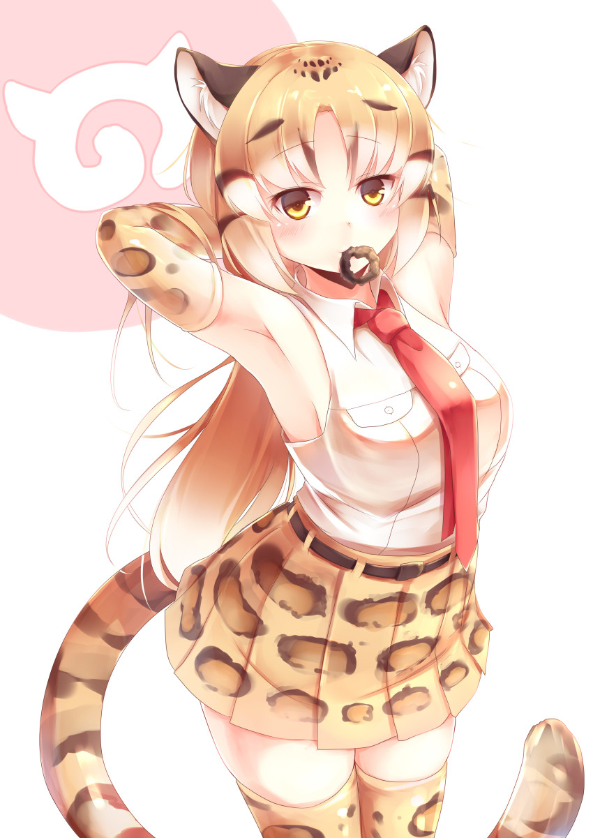 10s, 1girl, absurdres, animal_ears, animal_print, arched_back, armpits, arms_behind_head, belt, blonde_hair, brown_hair, clouded_leopard_(kemono_friends), commentary, cowboy_shot, elbow_gloves, female_focus, gloves, hairdressing, hands_in_own_hair, highres, japari_symbol, kanzakietc, kemono_friends, leopard_ears, leopard_print, leopard_tail, long_hair, looking_at_viewer, mouth_hold, multicolored_hair, necktie, pleated_skirt, print_gloves, print_skirt, print_thighhighs, red_necktie, scrunchie, shirt, simple_background, skirt, sleeveless, sleeveless_shirt, solo, striped_tail, tail, thighhighs, white_background, white_shirt, zettai_ryouiki