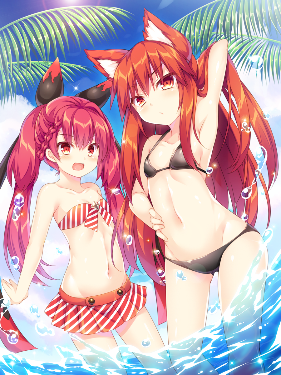 2girls, :d, aka_no_ripika, animal_ear_fluff, animal_ears, arm_up, armpits, bare_arms, bare_shoulders, beatmania_iidx, beatmania_iidx_20_tricoro, bemani, bikini, bikini_skirt, black_bikini, black_ribbon, blue_sky, braid, branch, cat_ears, closed_mouth, cloud, collarbone, commentary_request, day, flat_chest, french_braid, groin, hair_between_eyes, hair_ribbon, hand_in_own_hair, hand_on_own_stomach, highres, long_hair, looking_at_viewer, lowleg, lowleg_bikini, multiple_girls, navel, open_mouth, outdoors, pleated_skirt, red_bikini, red_eyes, red_hair, ribbon, roshin, skirt, sky, smile, sparkle, standing, stomach, strapless, strapless_bikini, string_bikini, striped_bikini, striped_clothes, sun, sunlight, swimsuit, tsurime, twintails, umegiri_ameto, very_long_hair, wading, water, water_drop
