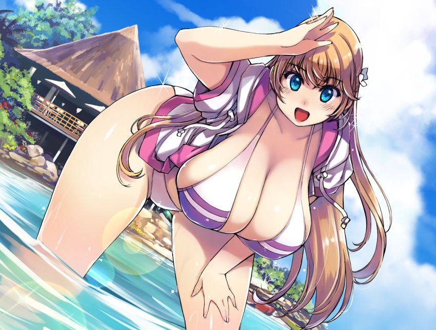 1girl, :d, ass, bikini, blonde_hair, blue_eyes, blush, breasts