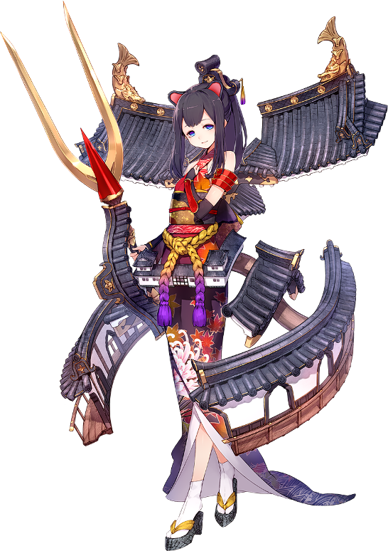 1girl, black_hair, blue_eyes, elbow_gloves, female_focus, fingerless_gloves, full_body, fuyuno_yuuki, gloves, hair_ornament, hand_on_own_chest, hikone_(oshiro_project), japanese_clothes, long_hair, official_art, oshiro_project:re, ponytail, sandals, shachihoko, solo, tabi, transparent_background