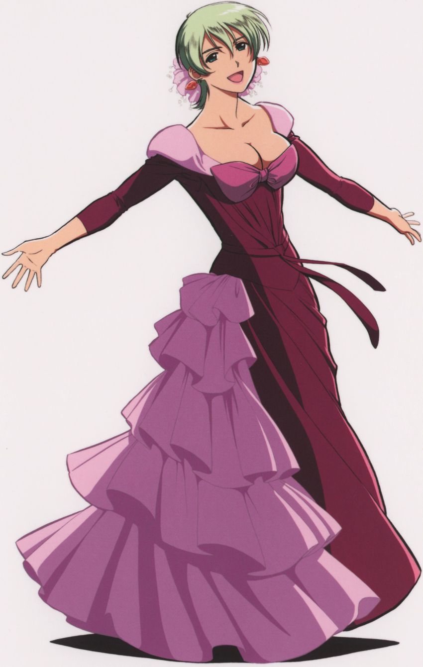 1girl, absurdres, aina_saharin, bow, breasts, cleavage, dress, earrings