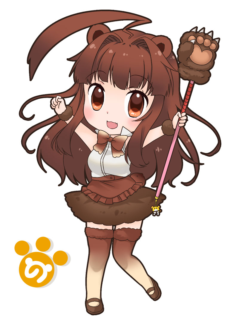 10s, 1girl, :d, alternate_costume, animal_ears, bear_ears, bow, bowtie, brown_bear_(kemono_friends), brown_bear_(kemono_friends)_(cosplay), brown_eyes, brown_hair, chibi, commentary_request, cosplay, fang, female_focus, holding, kantai_collection, kemono_friends, kemonomimi_mode, ko_yu, kuma_(kancolle), long_hair, looking_at_viewer, mary_janes, open_mouth, paw_stick, shoes, simple_background, smile, solo, staff, thighhighs, trait_connection, white_background, zettai_ryouiki
