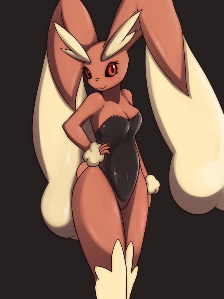 1girl, animal_ears, aoinu111, bare_shoulders, black_background, black_leotard, blush, breasts, cleavage, covered_navel, fake_animal_ears, female_focus, furry, furry_female, gen_4_pokemon, hand_on_own_hip, leotard, looking_at_viewer, lopunny, medium_breasts, navel, nintendo, playboy_bunny, pokemon, pokemon_(creature), pokemon_diamond/pearl/platinum, rabbit_ears, rabbit_tail, red_eyes, simple_background, smile, solo, standing, strapless, tail