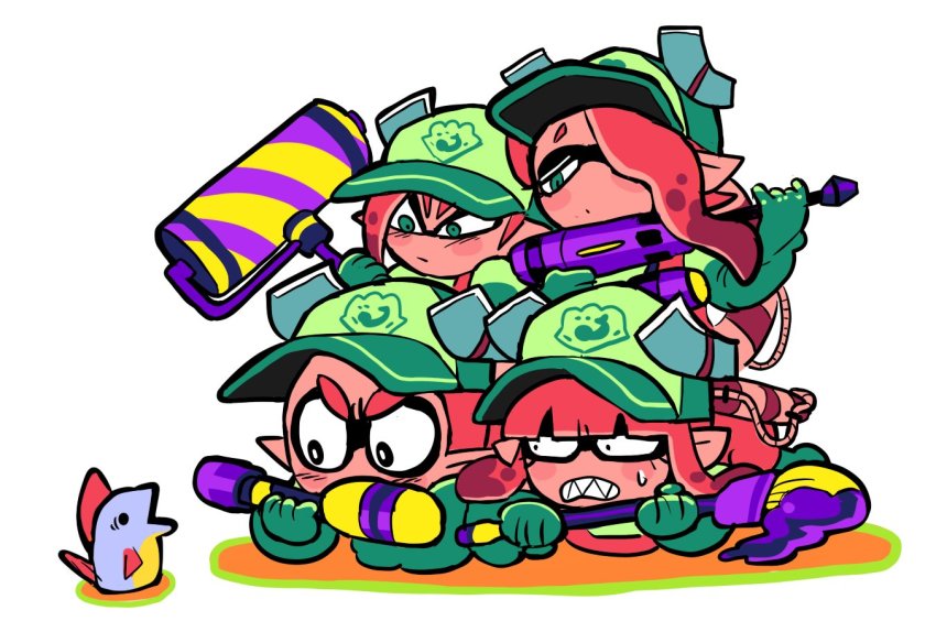 2boys, 2girls, baseball_cap, blunt_bangs, gashi-gashi, green_eyes, hair_over_one_eye, hat, inkbrush_(splatoon), inkling, inkling_boy, inkling_girl, inkling_player_character, jet_squelcher_(splatoon), lifebuoy, lying, multiple_boys, multiple_girls, nintendo, on_stomach, orange_hair, pointy_ears, salmon_run_(splatoon), salmonid, sharp_teeth, simple_background, smallfry_(splatoon), splat_roller_(splatoon), splatoon_(series), splatoon_2, splattershot_(splatoon), staring, swim_ring, teeth, tentacle_hair, white_background