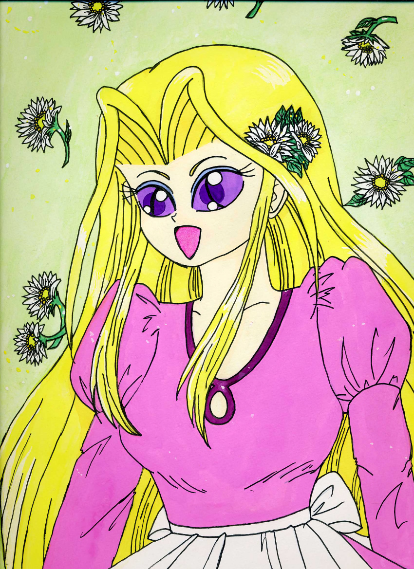 1990s_(style), absurdres, akazukin_chacha, blonde_hair, flower, flower_on_head, hair_flower, hair_ornament
