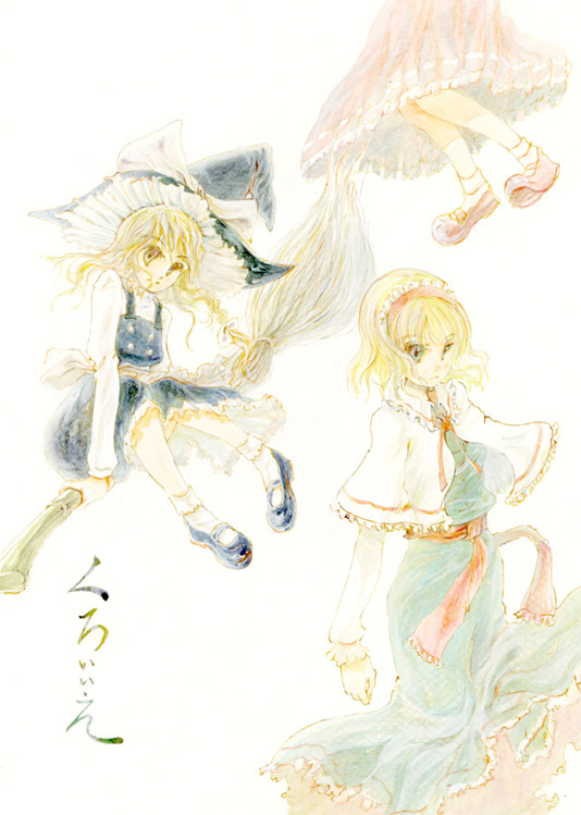 3girls, alice_margatroid, bad_id, bad_pixiv_id, blonde_hair, broom, broom_riding, female_focus