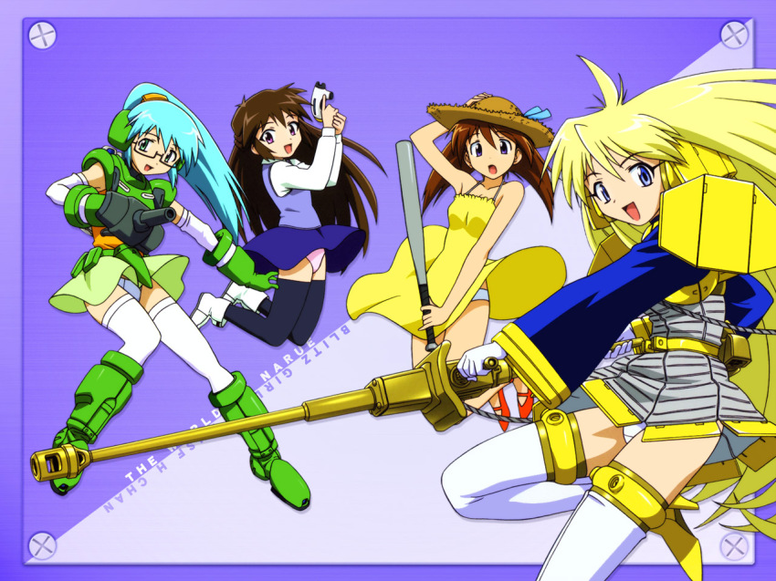 4girls, :d, :o, baseball_bat, black_legwear, blonde_hair, blue_eyes, blue_hair