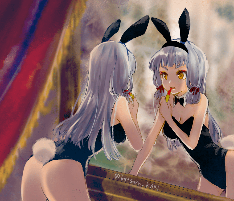 10s, 1girl, alternate_costume, animal_ears, applying_makeup, applying_own_makeup, arm_support, ass