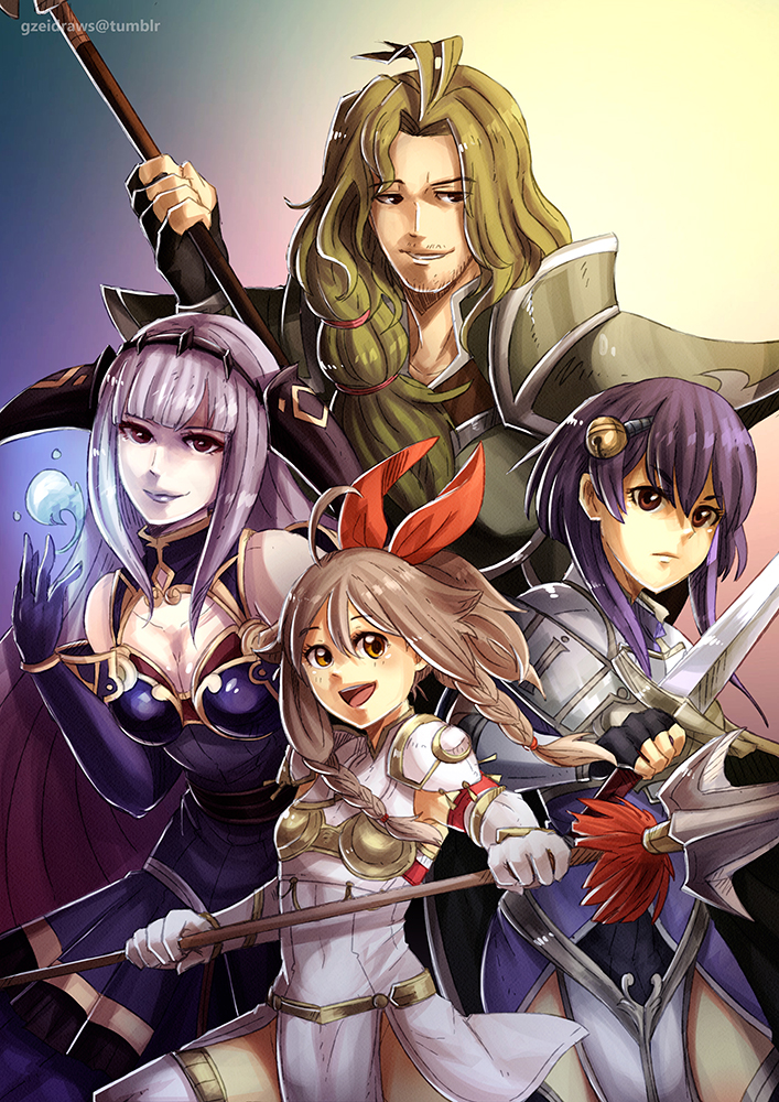 1boy, 3girls, armor, bow, breastplate, cape, emma_(fire_emblem), fire_emblem