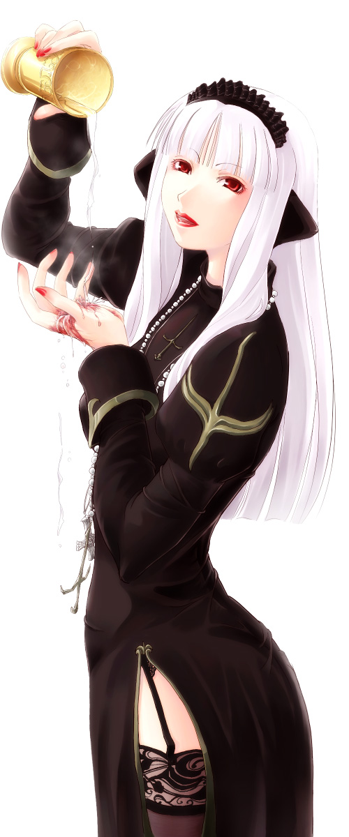 animal_ears, cup, from_side, garter_straps, highres, injury, lace, lace-trimmed_legwear