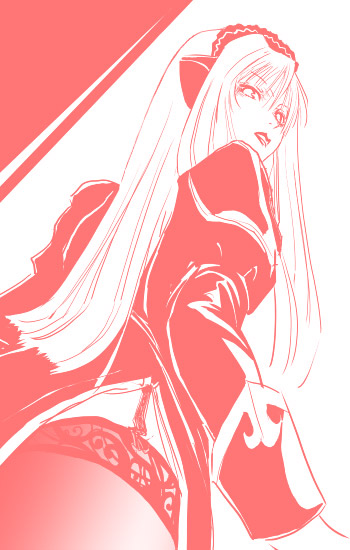 1girl, female_focus, garter_straps, lace, lace-trimmed_legwear, lace_trim, long_hair, monochrome