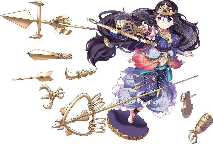 1girl, black_hair, blue_eyes, bowgun, breasts, crown, female_focus, full_body