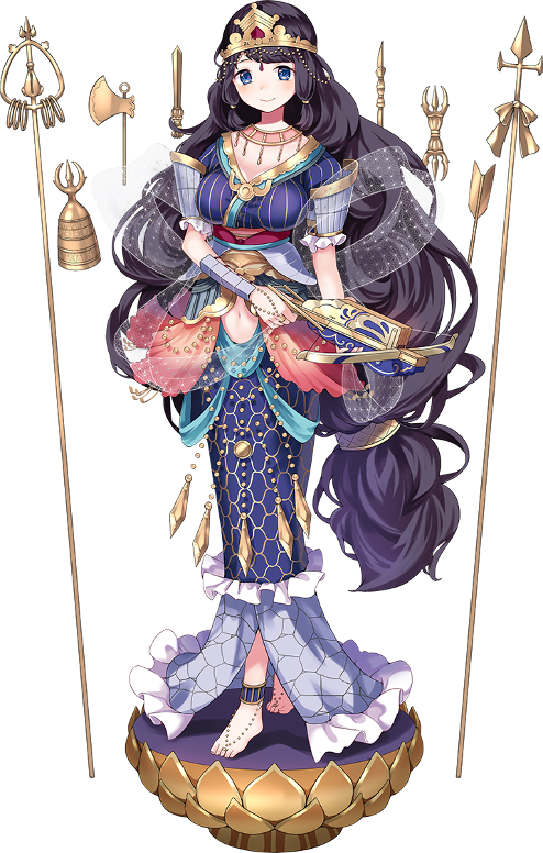 1girl, black_hair, blue_eyes, bowgun, breasts, crown, female_focus, full_body, holding, holding_weapon, jewelry, kannonji_(oshiro_project), large_breasts, long_hair, low-tied_long_hair, midriff, navel, necklace, official_art, oshiro_project:re, sheep_sleep, short_sleeves, solo, transparent_background, very_long_hair, weapon