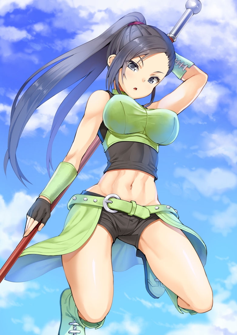 1girl, abs, bare_shoulders, blue_eyes, breasts, dragon_quest, dragon_quest_xi, female_focus, fingerless_gloves, full_body, gloves, large_breasts, long_hair, looking_at_viewer, martina_(dq11), midriff, muratataichi, navel, ponytail, solo