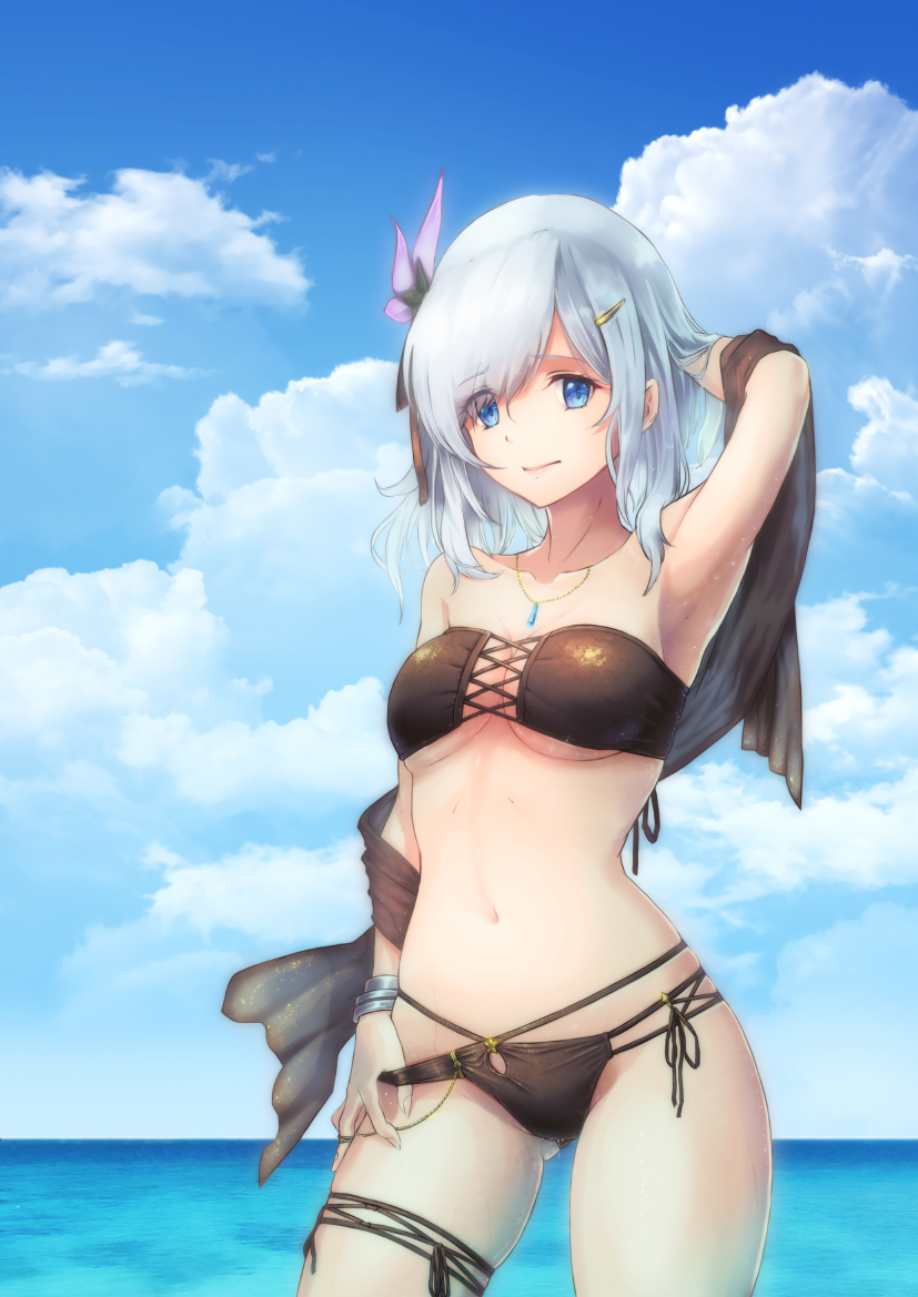 1girl, bikini, blue_eyes, breasts, cloud, day, felice_qaddaf, female_focus