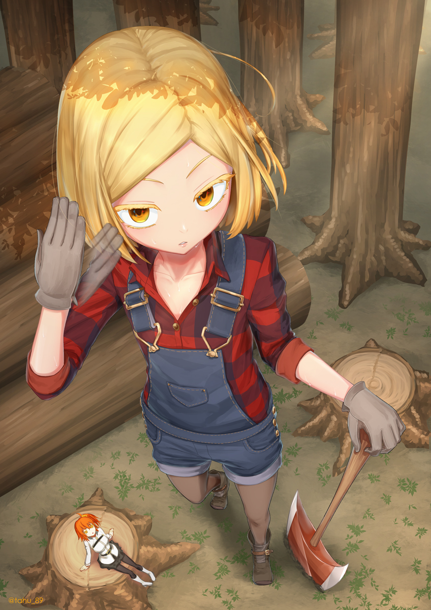 2girls, axe, blonde_hair, collarbone, colored_eyelashes, fate/grand_order, fate_(series), fujimaru_ritsuka_(female), giant, giantess, gloves, highres, multiple_girls, overalls, pantyhose, paul_bunyan_(fate), paul_bunyan_(second_ascension)_(fate), plaid_clothes, plaid_shirt, red_hair, shirt, sweat, tafuu_(tortafu), tree, tree_stump, weapon, yellow_eyes