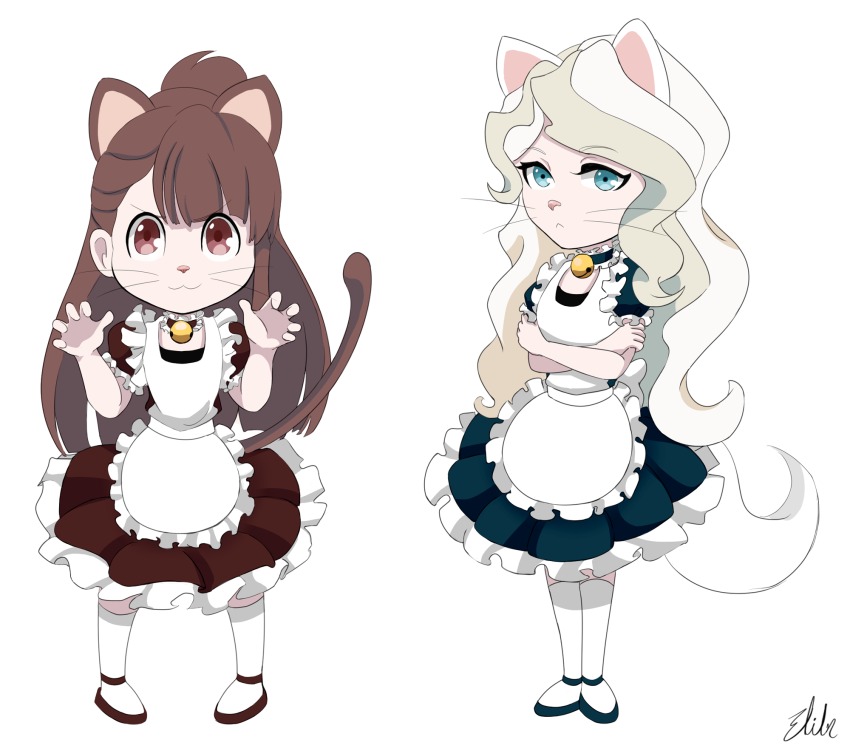 10s, 2girls, :3, animal_ears, apron, artist_name, bell, blue_eyes