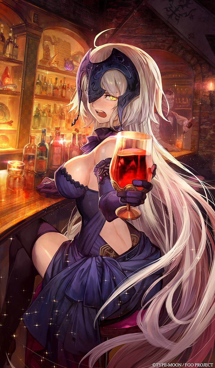 1girl, ahoge, alcohol, avenger_class_(fate), bar_(place), bar_stool, blue_dress, blush, bottle, breasts, caster_class_(fate), cup, dress, drinking_glass, elbow_gloves, fate/grand_order, fate_(series), female_focus, from_side, gilles_de_rais_(caster)_(fate), gilles_de_rais_(holy_night_supper)_(fate), gilles_de_rais_(fate), gilles_de_rais_(saber)_(fate), gloves, gold_trim, grey_hair, half-closed_eyes, hand_up, headpiece, highres, holding, holding_cup, holding_drinking_glass, indoors, jeanne_d'arc_(fate), jeanne_d'arc_alter_(avenger)_(fate), jeanne_d'arc_alter_(fate), jeanne_d'arc_alter_(holy_night_supper)_(fate), lack, large_breasts, long_hair, looking_at_viewer, official_alternate_costume, official_art, open_mouth, purple_gloves, purple_thighhighs, sideboob, sitting, solo, solo_focus, stool, teeth, thighhighs, very_long_hair, watermark, wine, wine_bottle, wine_glass, yellow_eyes