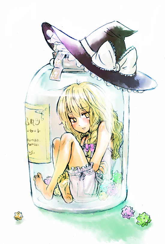 1girl, barefoot, blonde_hair, bloomers, bottle, braid, candy, feet, female_focus, food, hat, in_bottle, in_container, jar, kirisame_marisa, konpeitou, lingerie, long_hair, mini_person, minigirl, sada_noriko, soles, solo, sunata, toes, touhou, underwear, witch, witch_hat, yellow_eyes