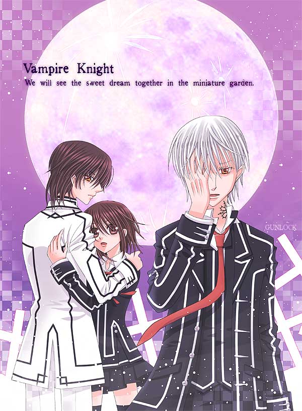 00s, 1girl, 2boys, :o, bishounen, black_thighhighs, blazer, bow, bowtie, brown_eyes, brown_hair, checkered_background, couple, covering_one_eye, covering_privates, cross_yuki, cross_yuuki, english_text, from_behind, frown, full_moon, goth_fashion, gradient_background, gunlock, hand_on_own_face, hand_over_eye, height_difference, hetero, hug, jacket, kiryuu_zero, kuran_kaname, kurosu_yuuki, looking_at_viewer, looking_back, moon, multiple_boys, necktie, night, open_mouth, orange_eyes, outdoors, pink_eyes, pleated_skirt, school_uniform, short_hair, skirt, sky, snow, standing, striped, tattoo, thighhighs, unbuttoned, upper_body, vampire_knight, white_hair, wind, yellow_eyes, zettai_ryouiki