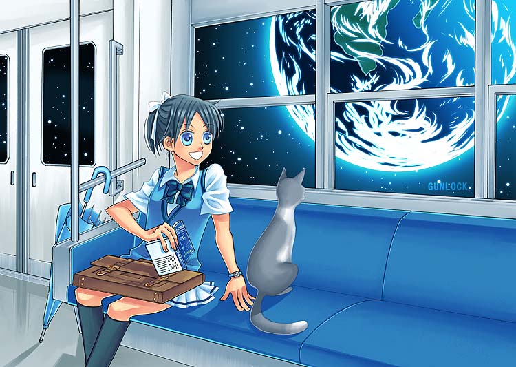 00s, 1girl, :d, animal, artist_name, bag, black_hair, black_socks, blue_eyes, blue_hair, blue_vest, book, bow, briefcase, cat, closed_umbrella, crossover, earth_(planet), female_focus, ginga_tetsudou_999, ginga_tetsudou_monogatari, gunlock, hair_bow, hair_ribbon, holding, holding_book, kneehighs, looking_away, looking_to_the_side, miniskirt, open_mouth, original, planet, ponytail, ribbon, school_bag, school_briefcase, school_uniform, short_hair, short_ponytail, short_sleeves, sitting, skirt, smile, socks, solo, space, space_train, star_(sky), train, train_interior, umbrella, vest, watch, white_skirt, window, wing_collar, wristwatch