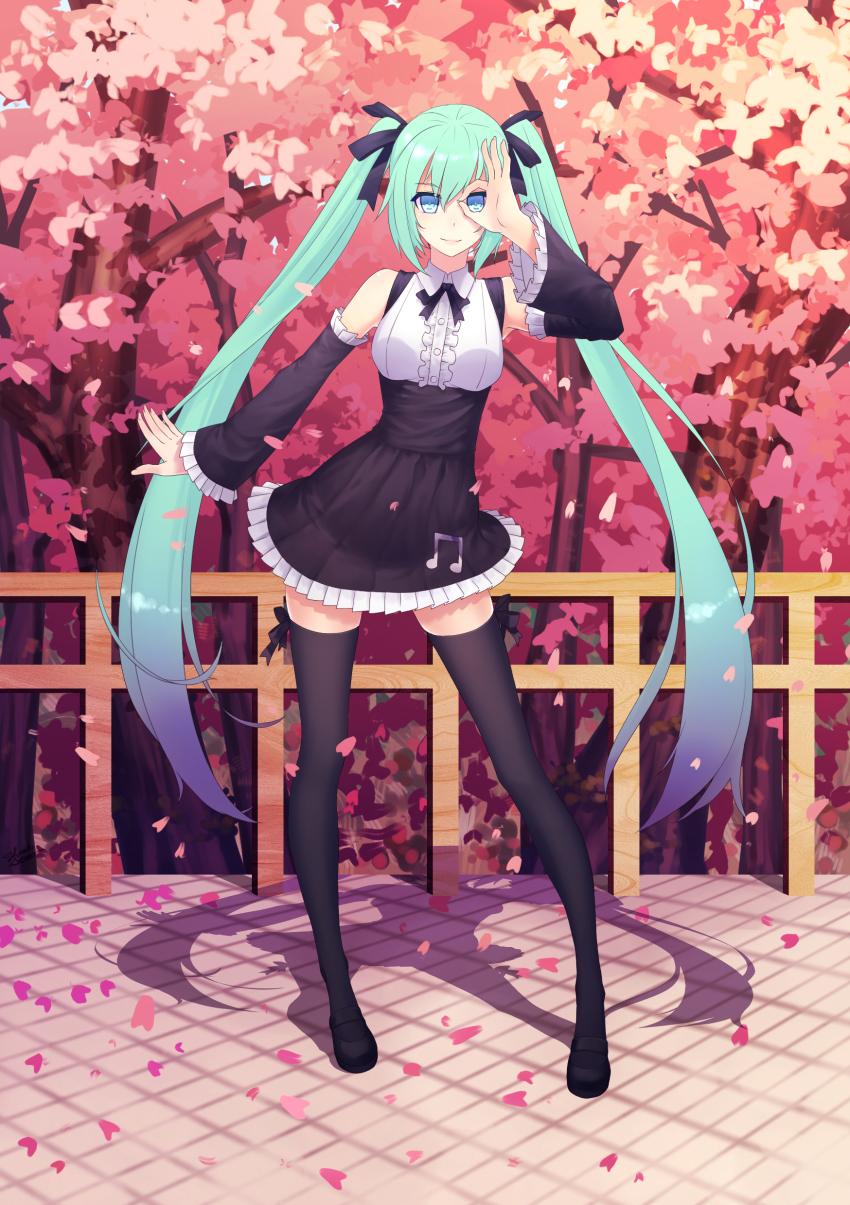 1girl, absurdres, black_ribbon, black_skirt, black_thighhighs, blue_eyes, blue_hair, closed_eyes