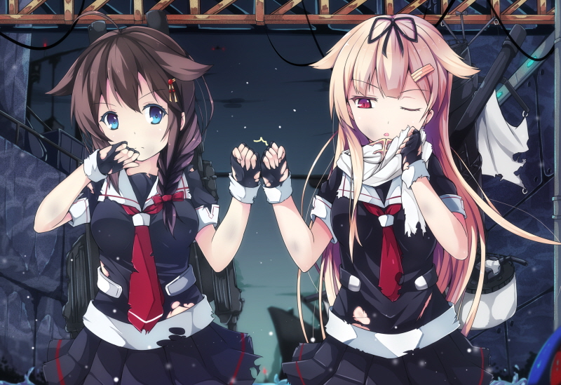 10s, 2girls, black_gloves, black_hair, black_ribbon, black_serafuku, black_shirt, black_skirt