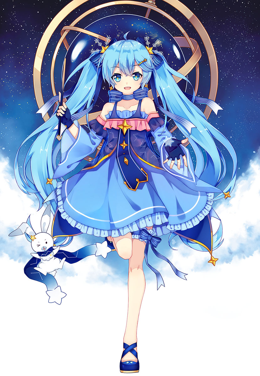 1girl, ahoge, akipiz, bad_id, bad_pixiv_id, blue_eyes, blue_hair, detached_sleeves