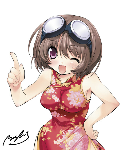 00s, blush, brown_hair, china_dress, chinese_clothes, dress, goggles, hand_on_own_hip
