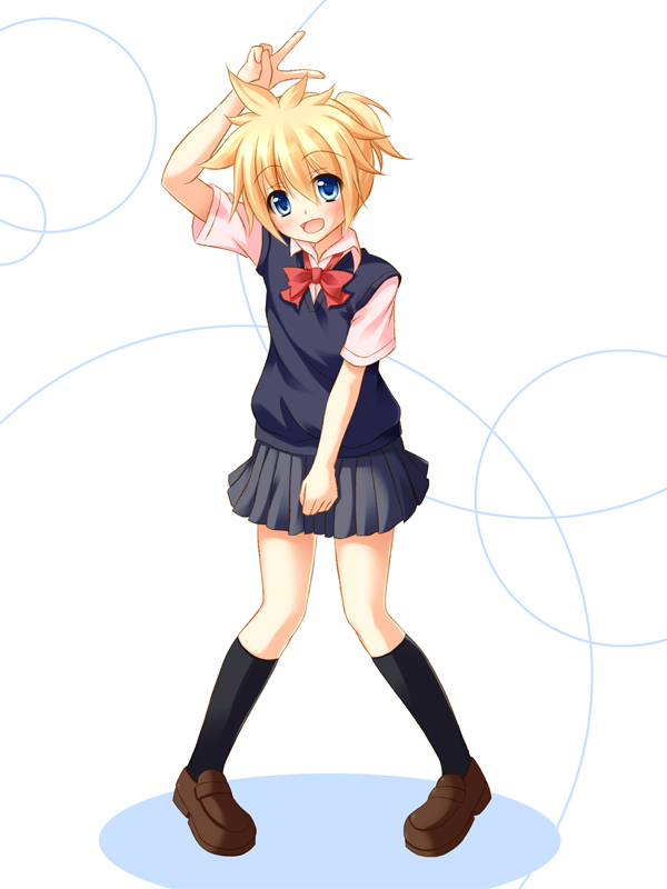 1boy, akarin_(sakuraakarin), black_socks, blonde_hair, blue_eyes, blush, crossdressing, crossdressing_(mtf)