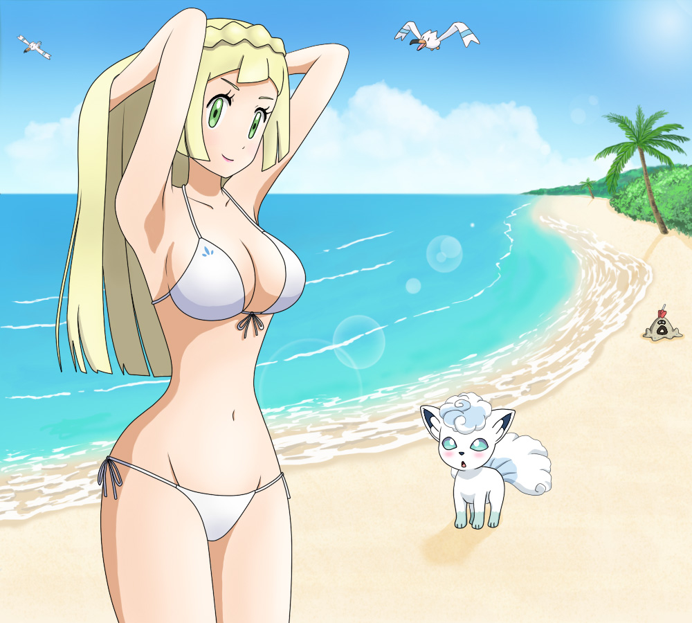 1girl, aged_up, alolan_form, alolan_vulpix, armpits, arms_up, beach, bikini, blonde_hair, breasts, cleavage, day, front-tie_bikini_top, front-tie_top, gen_3_pokemon, gen_7_pokemon, green_eyes, himumu_(cyah7528), lillie_(pokemon), long_hair, navel, nintendo, palm_tree, pokemon, pokemon_(creature), pokemon_sun_and_moon, sandygast, side-tie_bikini_bottom, smile, standing, swimsuit, thighs, tree, white_bikini, wingull