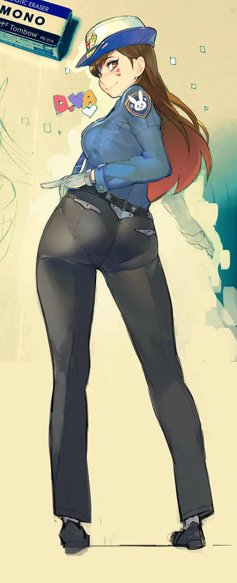 1girl, ass, belt, black_pants, blue_shirt, breasts, brown_eyes, brown_hair, character_name, collared_shirt, d.va_(overwatch), eraser, facepaint, facial_mark, female_focus, female_service_cap, from_behind, full_body, gloves, hand_on_own_hip, highres, long_hair, looking_at_viewer, looking_back, medium_breasts, namaniku_atk, necktie, officer_d.va, official_alternate_costume, overwatch, overwatch_1, pants, pantylines, pocket, police, police_uniform, shirt, smile, solo, standing, whisker_markings, white_gloves