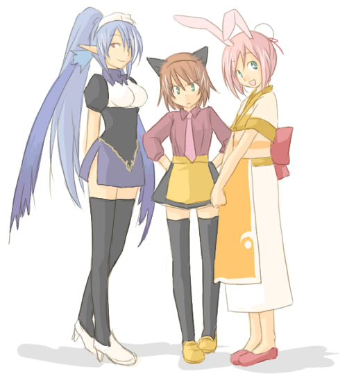 00s, 3girls, alternate_costume, animal_ears, blue_eyes, blue_hair, brown_hair, cat_ears