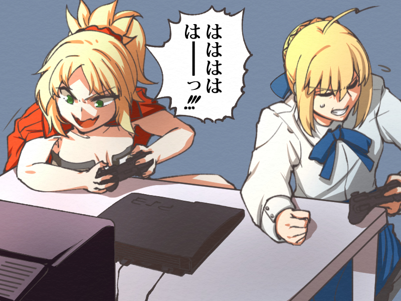 >:), 2girls, ahoge, angry, artoria_pendragon_(fate), bandeau, blonde_hair, blue_skirt