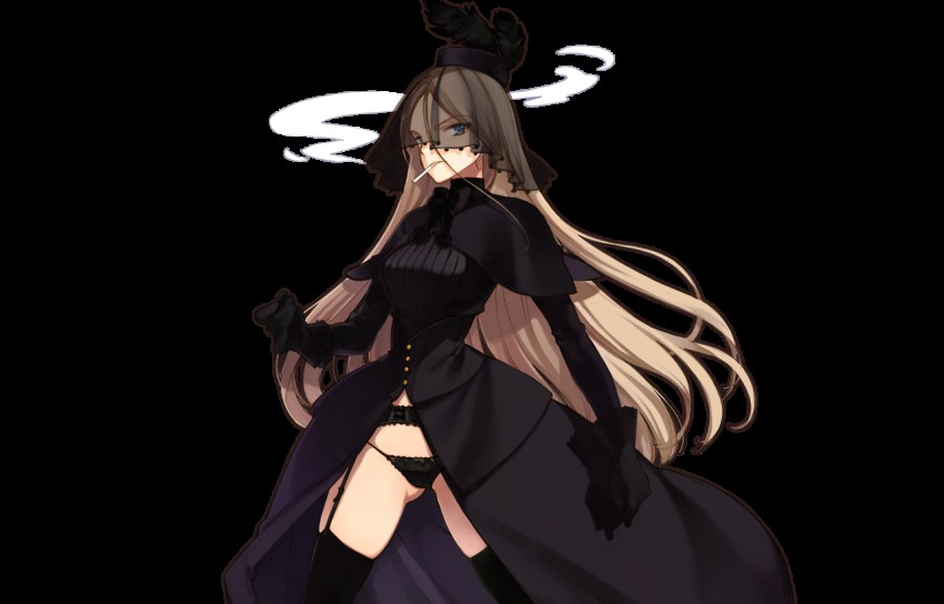 1girl, black_gloves, black_panties, black_thighhighs, blonde_hair, blue_eyes, cigarette, colombus_(eiyuu_senki), cowboy_shot, dress, eiyuu_senki, female_focus, garter_belt, garter_straps, gloves, long_hair, ooyari_ashito, panties, smoke, smoking, solo, thighhighs, transparent_background, underwear, veil