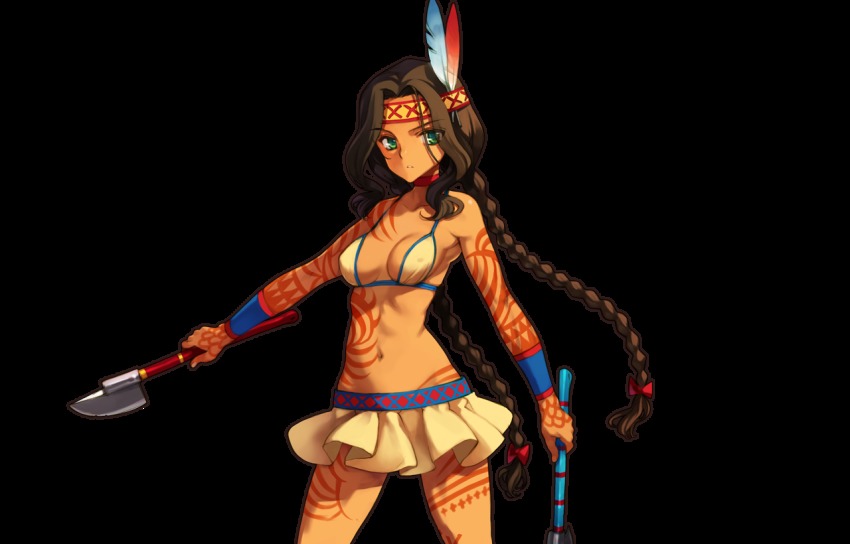 1girl, bikini, braid, breasts, brown_hair, cleavage, collarbone, covered_erect_nipples, cowboy_shot, eiyuu_senki, feather_hair_ornament, feathers, female_focus, geronimo_(eiyuu_senki), green_eyes, hair_ornament, hair_ribbon, hairband, holding, holding_weapon, long_hair, looking_at_viewer, navel, ooyari_ashito, ribbon, solo, swimsuit, tattoo, transparent_background, twin_braids, weapon