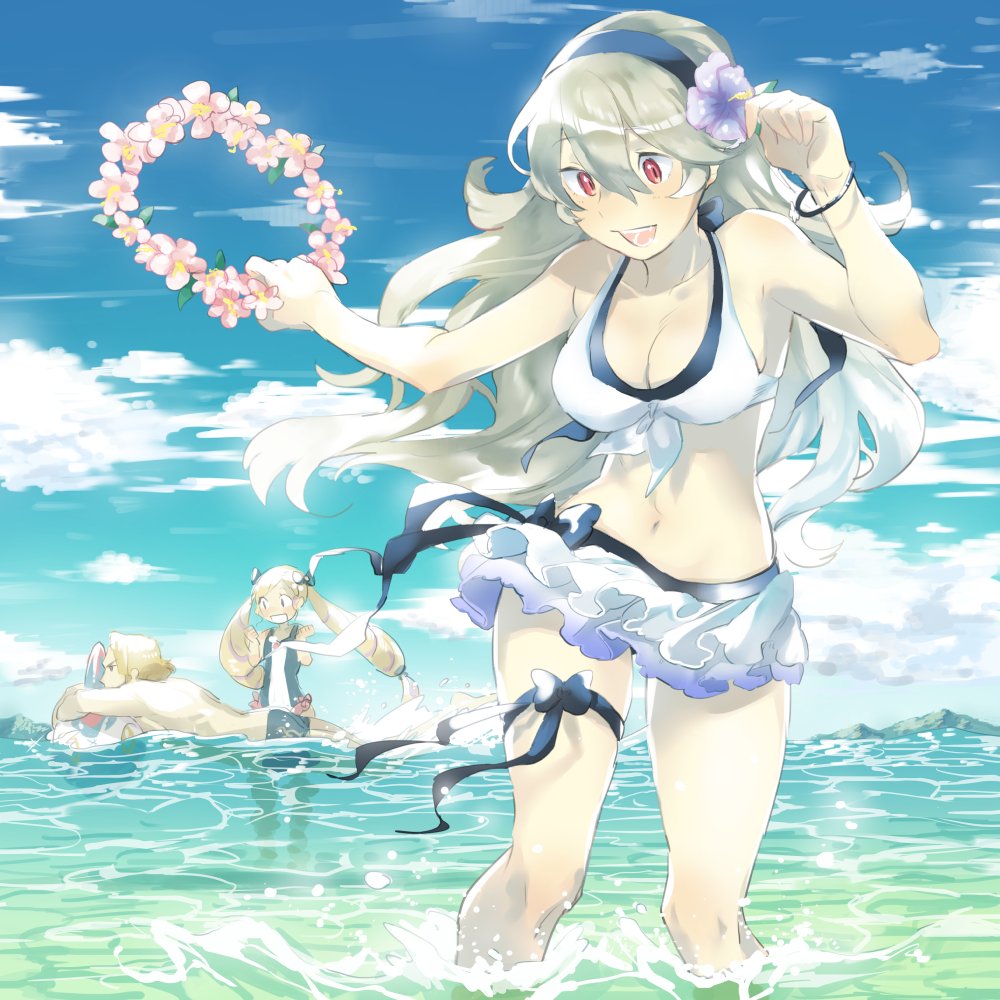 1boy, 2girls, aisutabetao, beach, bikini, blonde_hair, breasts, brother_and_sister