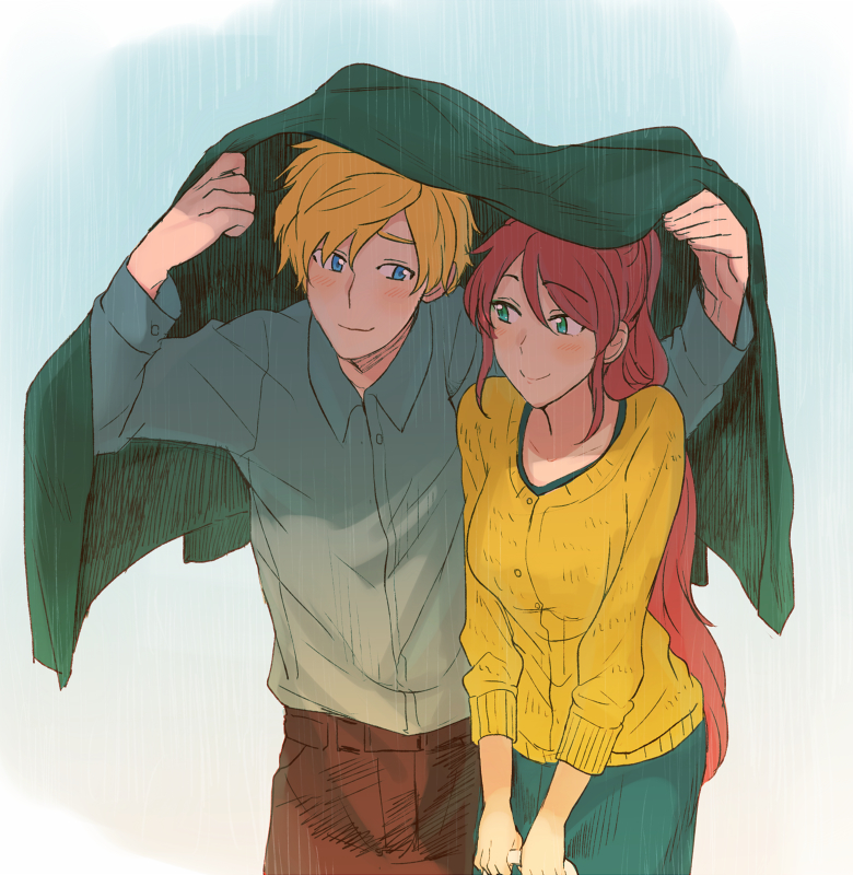 1boy, 1girl, blonde_hair, blue_eyes, blush, cardigan, collared_shirt, green_eyes