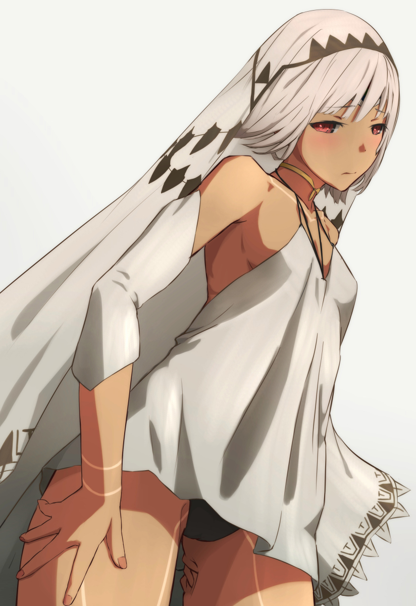 1girl, altera_(fate), altera_(formal_dress)_(fate), bad_id, bad_pixiv_id, bare_shoulders, blush, breasts, cameltoe, dark-skinned_female, dark_skin, detached_sleeves, dress, fate/grand_order, fate_(series), female_focus, highres, looking_at_viewer, red_eyes, short_hair, sideboob, solo, sonri, veil, white_hair
