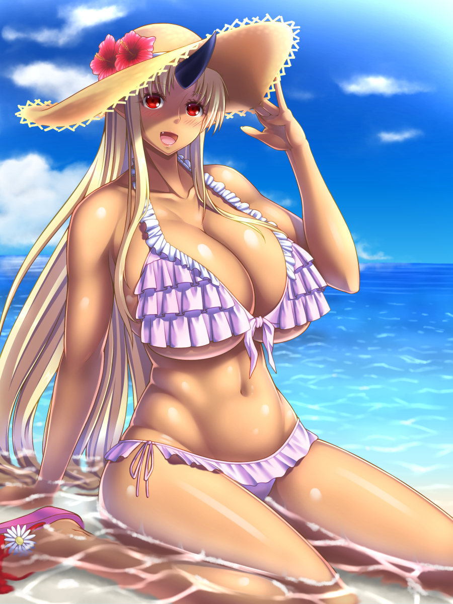1girl, :d, bikini, blonde_hair, breasts, cloud, collarbone, dark-skinned_female, dark_skin, day, fang, female_focus, flower, frilled_bikini, frills, hand_on_headwear, hat, hat_flower, highres, horizon, horns, huge_breasts, long_hair, looking_at_viewer, momiji_mikan, monster_girl, monster_musume_no_iru_nichijou, navel, ogre, open_mouth, outdoors, partially_submerged, pink_bikini, red_eyes, shiny_skin, single_horn, sitting, smile, solo, sun_hat, swimsuit, tionishia, very_long_hair, wariza, water