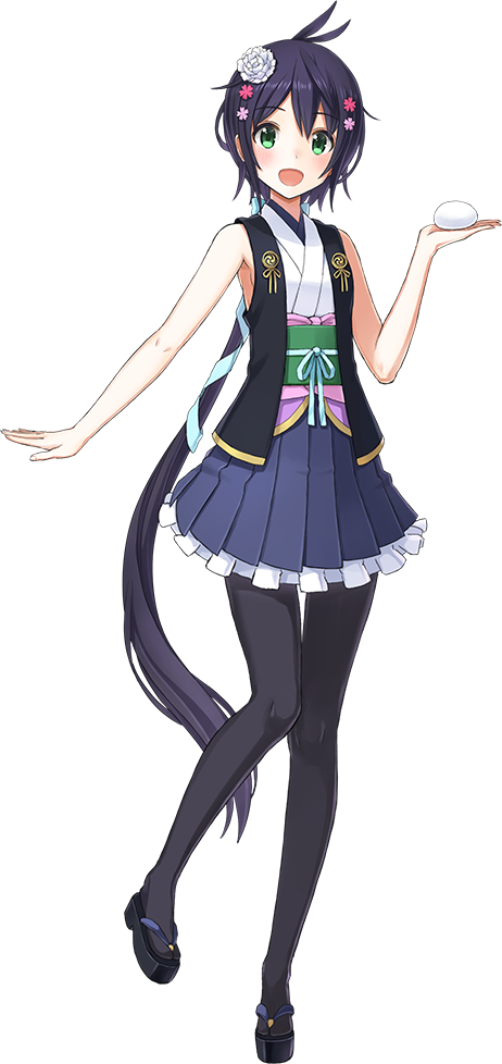 1girl, :d, antenna_hair, artist_request, black_pantyhose, blue_hair, blue_skirt, female_focus, flower, food, frilled_skirt, frills, full_body, green_eyes, hair_flower, hair_ornament, holding, holding_food, long_hair, low-tied_long_hair, matsumoto_(oshiro_project), mochi, official_art, open_mouth, oshiro_project:re, pantyhose, pleated_skirt, ponytail, skirt, sleeveless, smile, solo, transparent_background, very_long_hair, wagashi