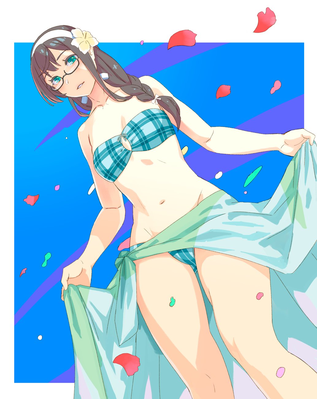 10s, 1girl, alternate_costume, alternate_hairstyle, bandeau, bare_arms, bare_shoulders, bikini
